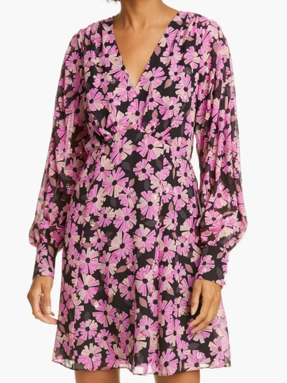 Kate Spade Wallflower Chiffon Midi Dress EUC V-Neck Pink Black Silk SZ 6